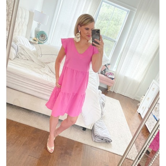 Goodthreads Tiered Mini Dress Women's XS Linen Cotton Barbie Pink Cap Sleeves - Picture 1 of 12